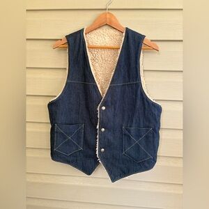 Vintage denim Sherpa lined western snap vest workwear ranch handmade unisex EUC